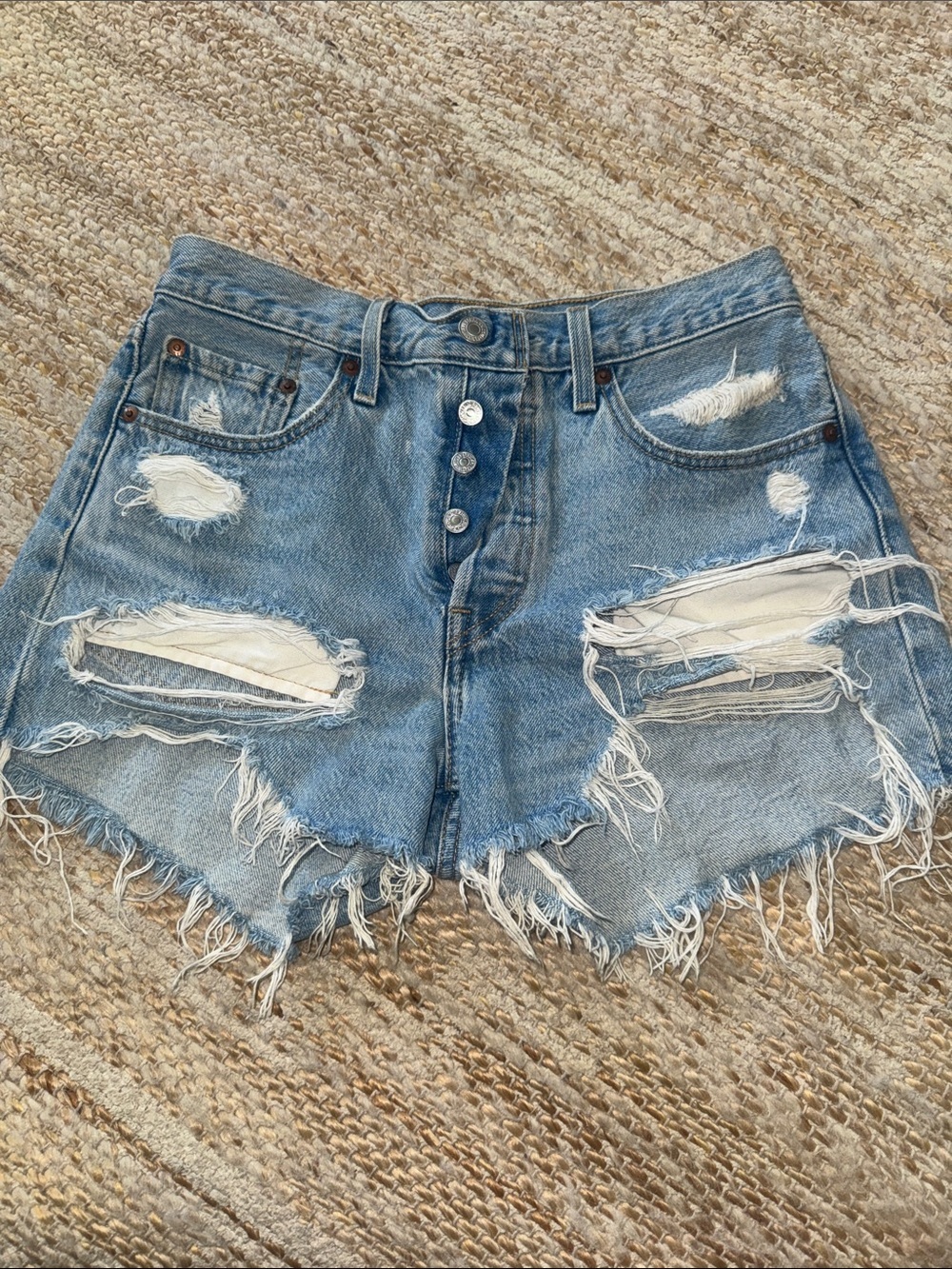 Levi's Light Blue Distressed Button-Fly Denim Shorts